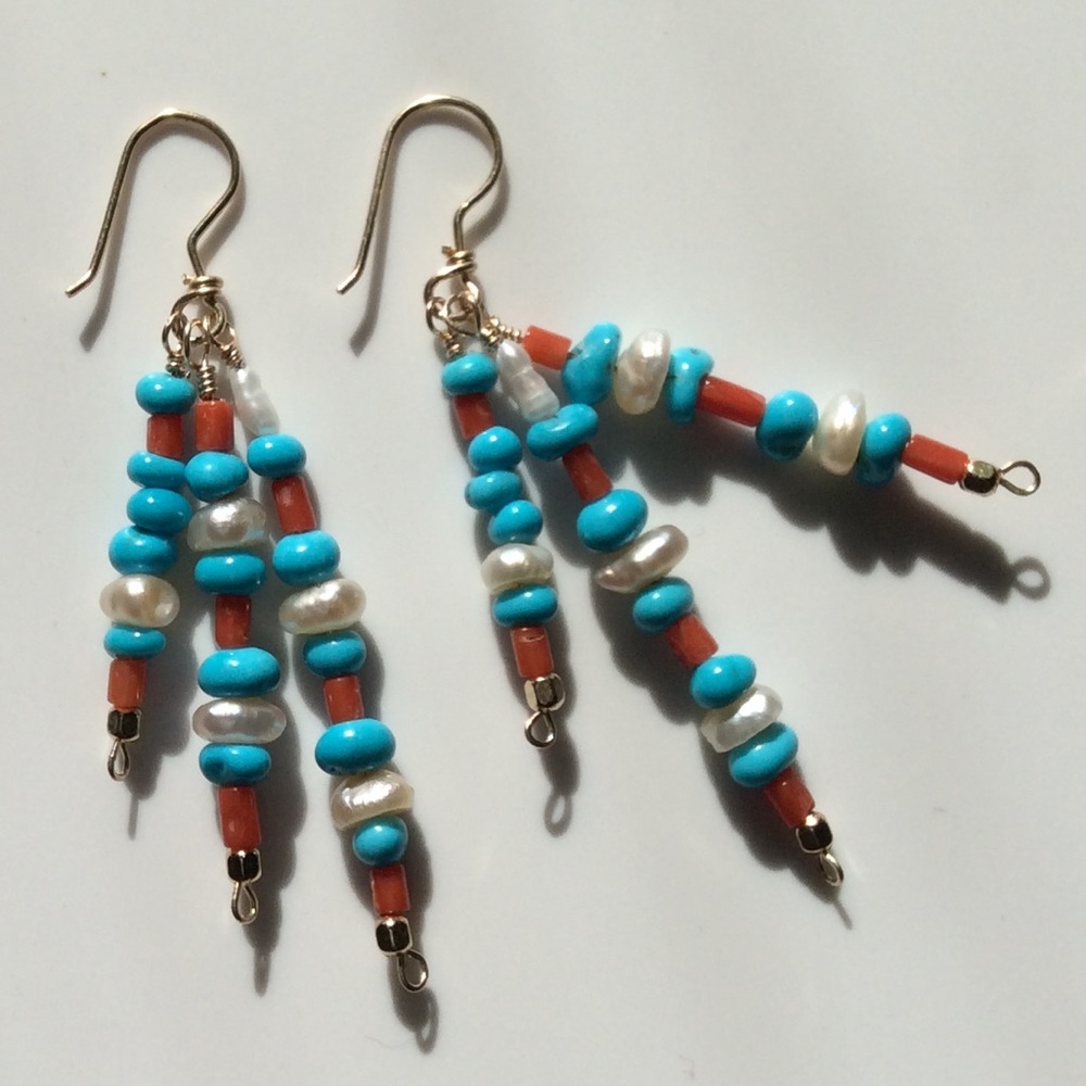 Handmade Earrings with Turquoise, pearls, coral beads and gold-fill wire.